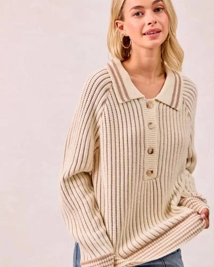 BiBi Half Button Ribbed Two Tone Sweater - Sleekdenim.com
