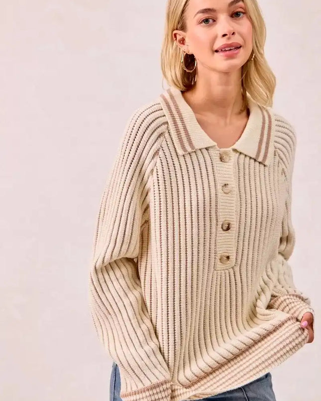 BiBi Half Button Ribbed Two Tone Sweater - Sleekdenim.com