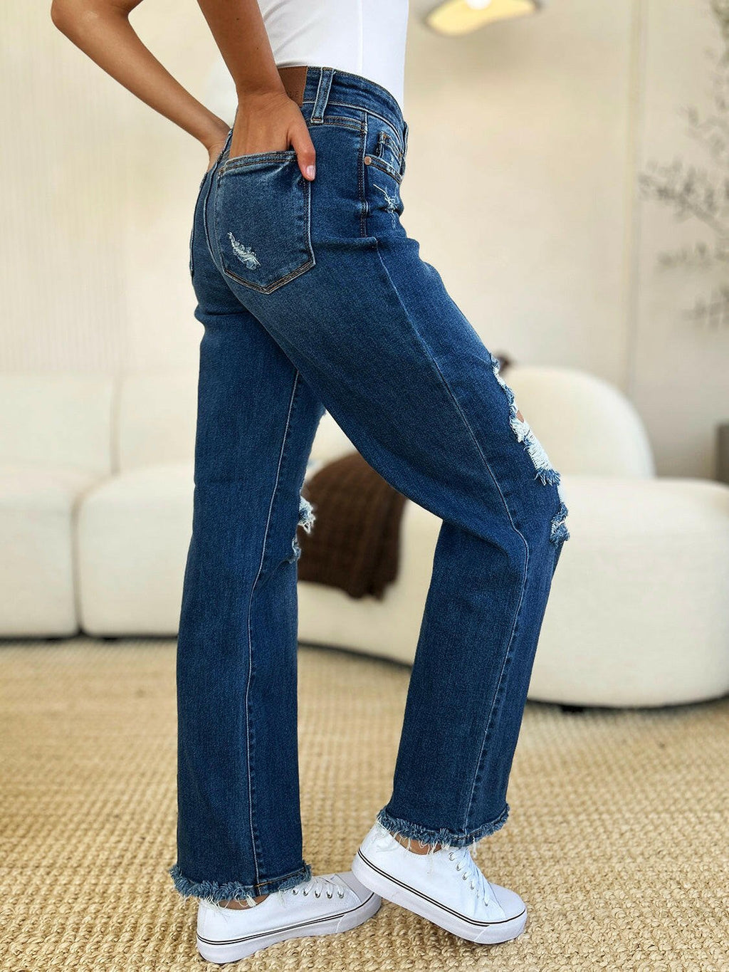 Judy Blue Full Size Mid Rise Distressed Raw Hem Dad Jeans | Sleekdenim.com