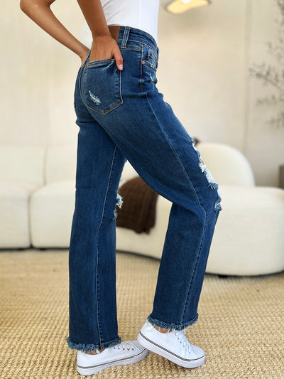 Judy Blue Full Size Mid Rise Distressed Raw Hem Dad Jeans