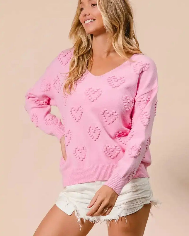 BiBi Valentines Heart Pompom V Neck Knit Top - Sleekdenim.com