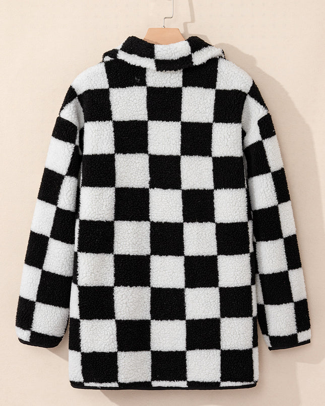 Black Checkered Side Pockets Collared Buttoned Fleece Jacket