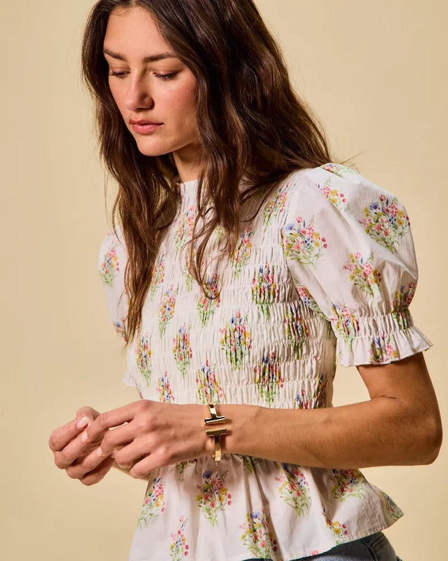 SO ME Floral Cotton Smocked Short Sleeves Blouse - Sleekdenim.com