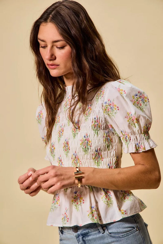 SO ME Floral Cotton Smocked Short Sleeves Blouse - Sleekdenim.com