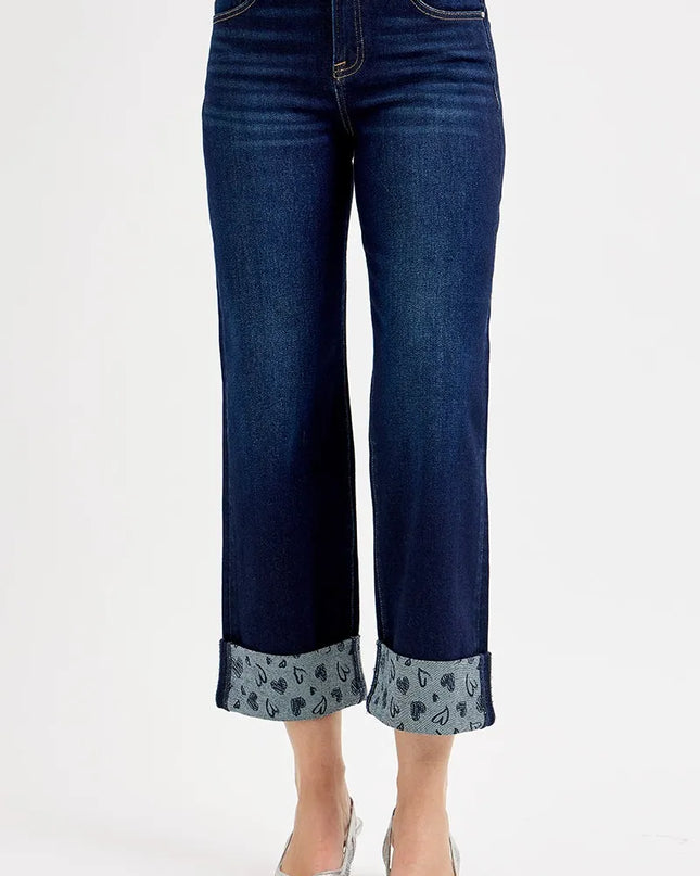 RISEN Full Size Mid Rise Fit Crop Wide With Printed Cuff Jeans Plus Size - Sleekdenim.com
