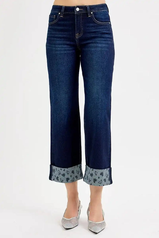 RISEN Mid Rise Fit Crop Wide With Printed Cuff Jeans