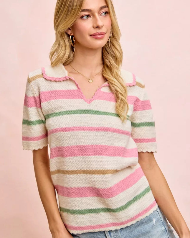 BiBi Multi Colors Stripes Collared Knit Top - Sleekdenim.com
