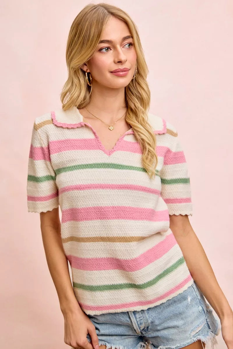 BiBi Multi Colors Stripes Collared Knit Top - Sleekdenim.com