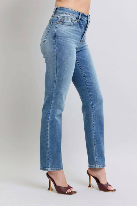 Judy Blue The Aspen High Rise Medium Wash Shearling Cuff Straight Leg Jeans | Sleek Denim Boutique | Sleekdenim.com