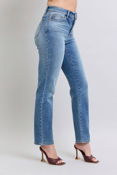 Judy Blue The Aspen High Rise Medium Wash Shearling Cuff Straight Leg Jeans