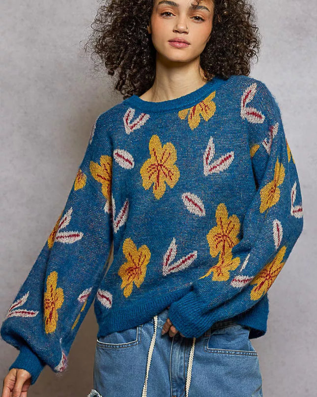 POL Floral Pattern Round Neck Balloon Sleeve Sweater - Sleekdenim.com