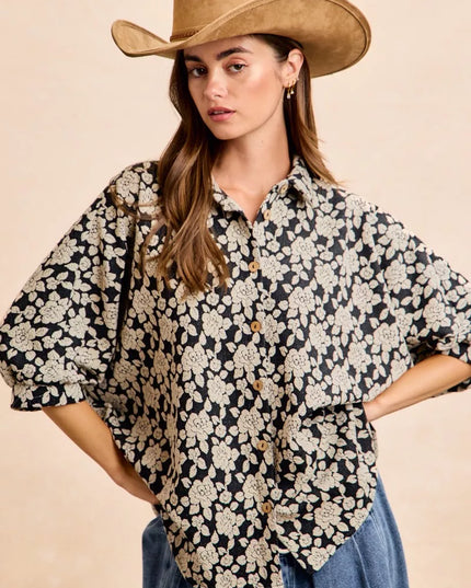 BiBi Floral Jacquard Short Dolman Sleeves Shirt - Sleekdenim.com