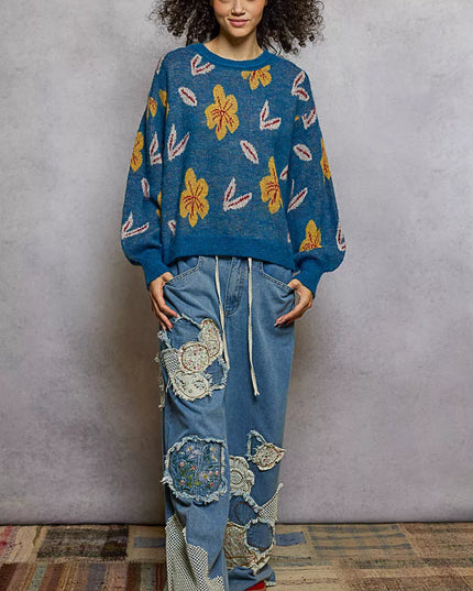 POL Floral Pattern Round Neck Balloon Sleeve Sweater - Sleekdenim.com