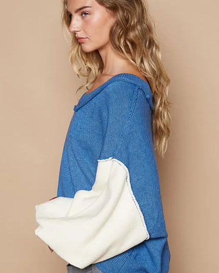 POL Exposed Seam Contrast V-Neck Lantern Sleeve Sweater - Sleekdenim.com