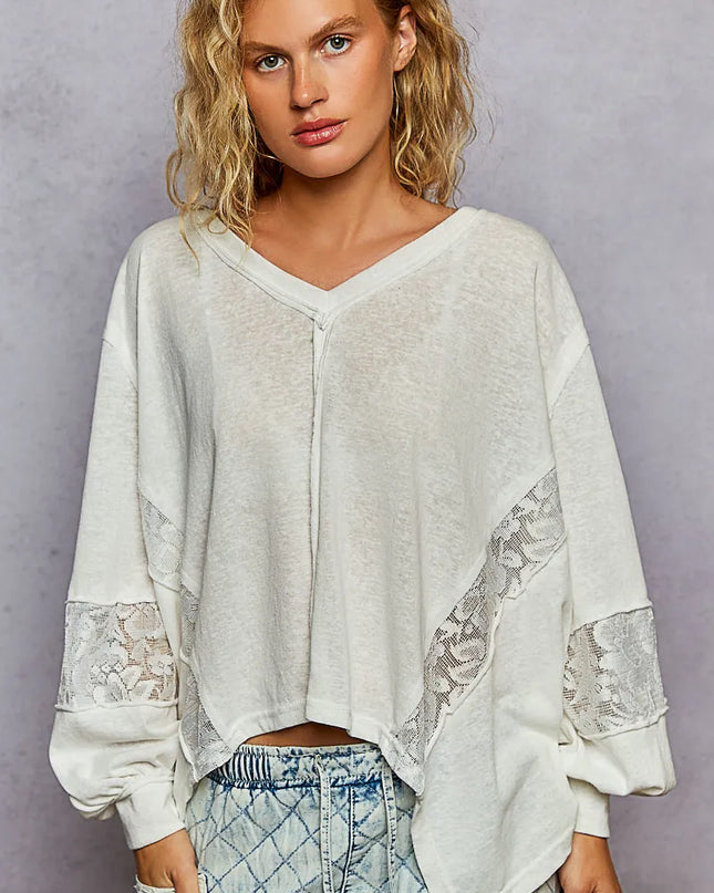 POL V-Neck Long Sleeve T-Shirt with Lace Detail - Sleekdenim.com