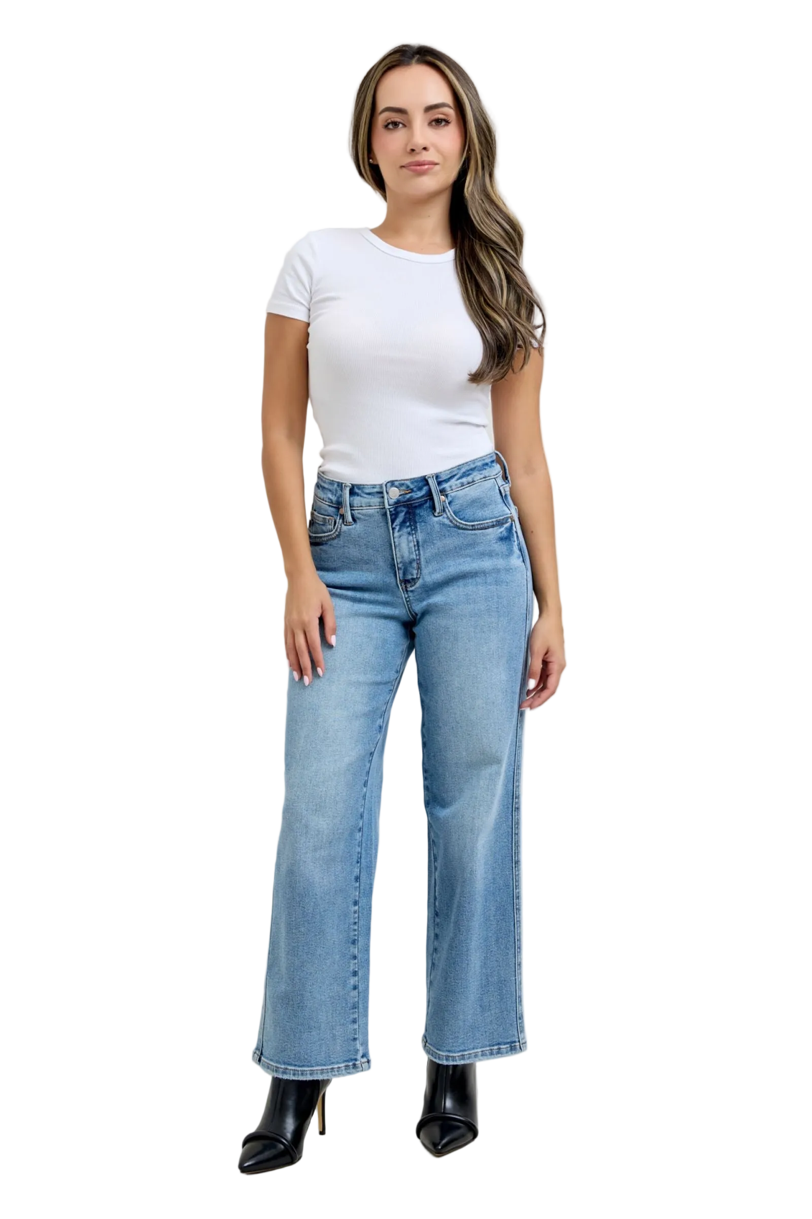 Judy Blue Mid Rise Petite Tummy Control Vintage Wash Straight Denim Jeans 88943