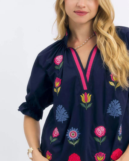 Umgee Embroidered Floral Top with Contrast Trim - Sleekdenim.com