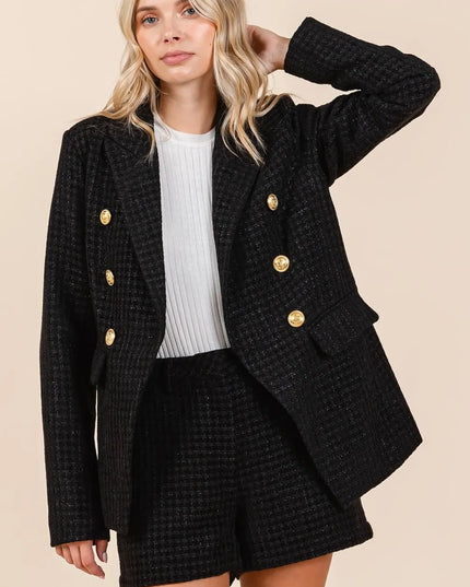 Mittoshop Plaid Texture Double-Breasted Long Sleeve Blazer - Sleekdenim.com