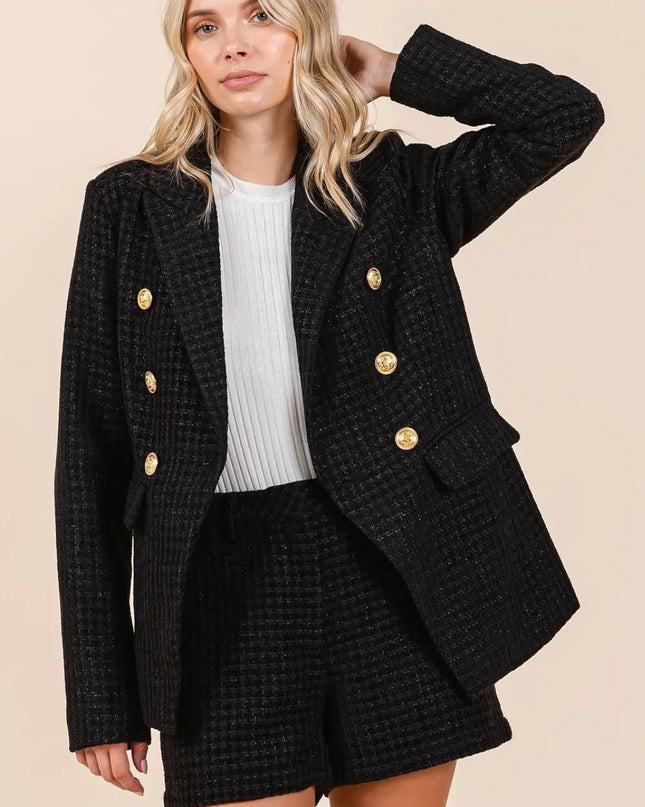 Mittoshop Plaid Texture Double-Breasted Long Sleeve Blazer - Sleekdenim.com