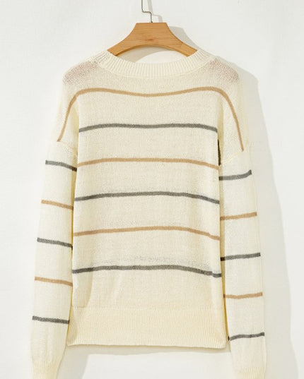 Stripe Ribbed Trim Drop Shoulder Sweater - Sleekdenim.com