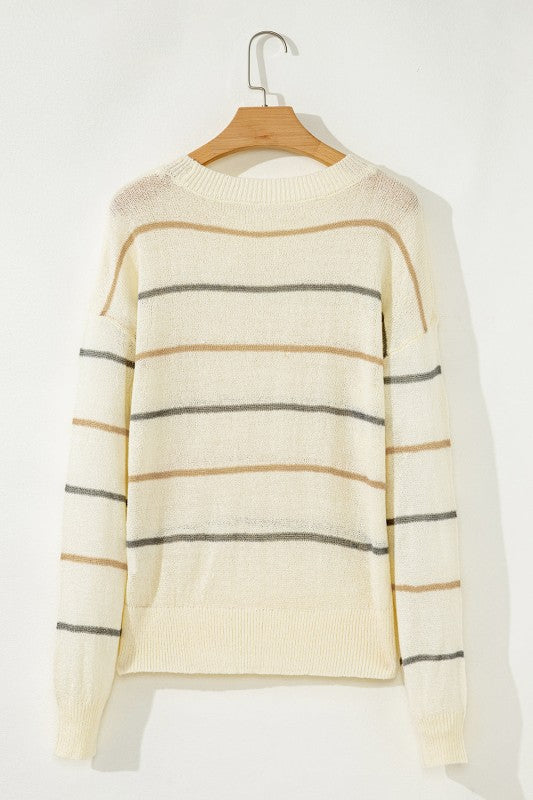 Stripe Ribbed Trim Drop Shoulder Sweater - Sleekdenim.com