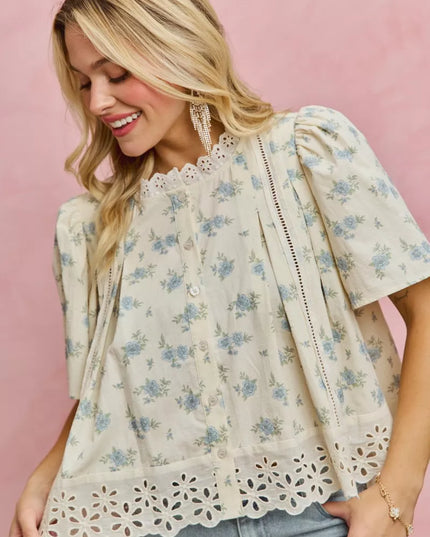 SO ME Floral Print Lace Trim Flutter Sleeves Blouse - Sleekdenim.com