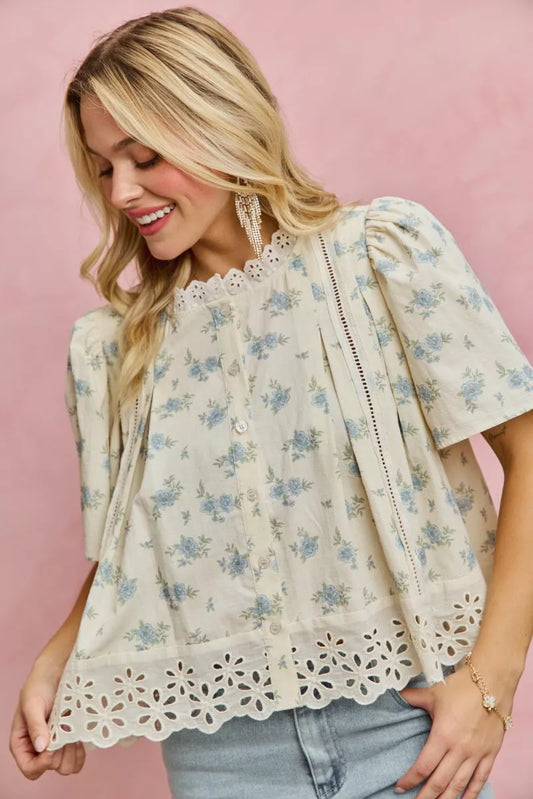 SO ME Floral Print Lace Trim Flutter Sleeves Blouse - Sleekdenim.com