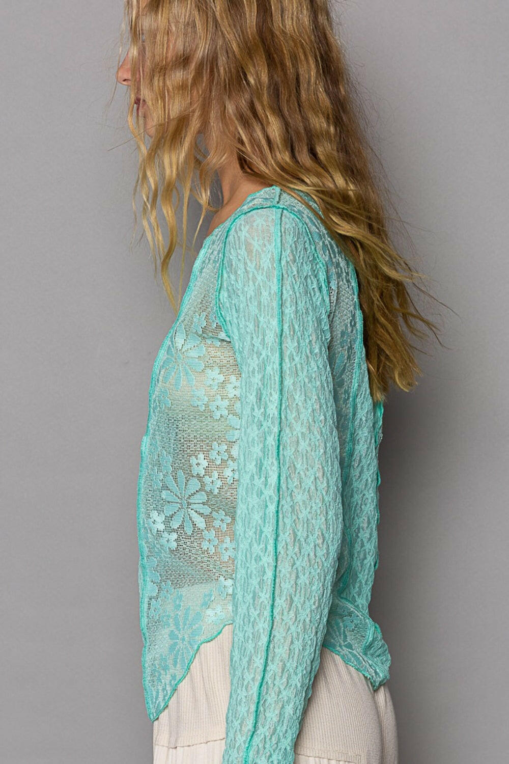 POL Exposed Seam Long Sleeve Lace Knit Top | Sleekdenim.com