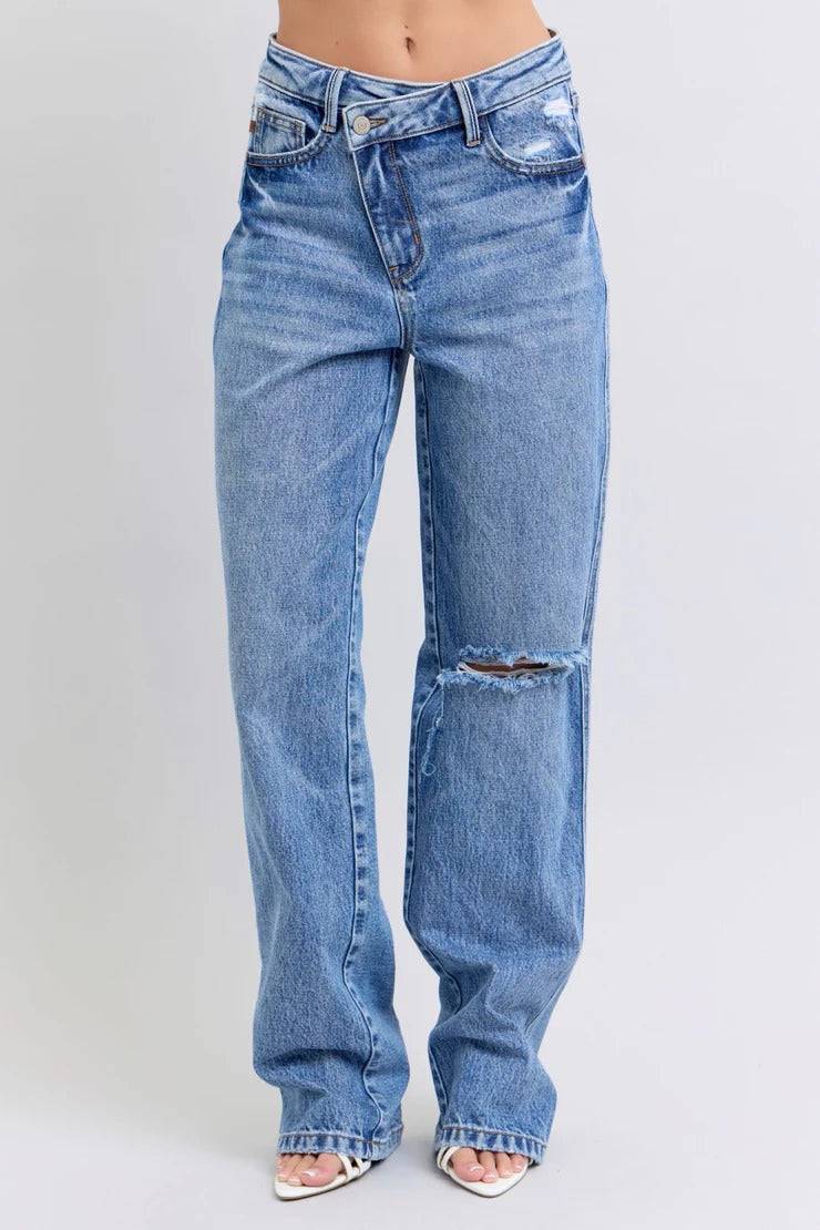 Judy Blue High Waist Rigid Magic Criss-Cross Waistband Dad Jeans 88883 | Sleekdenim.com