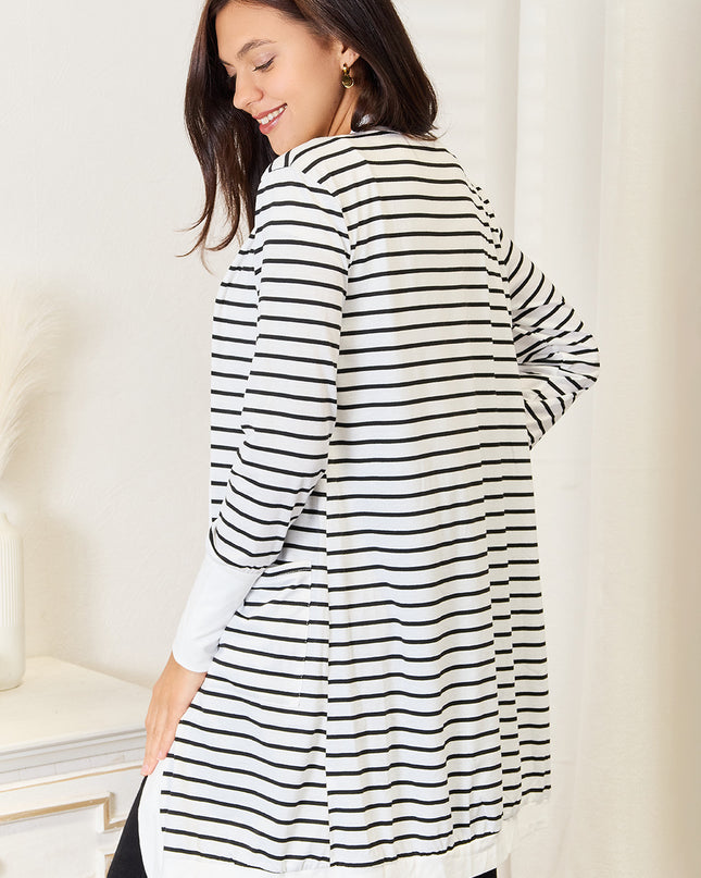 Double Take Striped Open Front Longline Cardigan - Sleekdenim.com