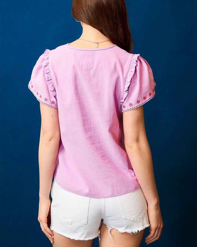 Umgee Floral Embroidered Tie Neck Short Sleeve Blouse - Sleekdenim.com