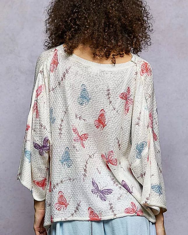 POL Butterflies Pattern Round Neck knit Top with Outseam Rolling Edge - Sleekdenim.com