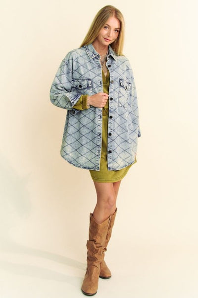 Davi & Dani Curved Hem Diamond Quilted Button Up Denim Shacket - Sleekdenim.com