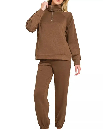 Zenana Scuba Half Zip Sweatshirts and Joggers Set - Sleekdenim.com