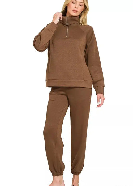 Zenana Scuba Half Zip Sweatshirts and Joggers Set - Sleekdenim.com