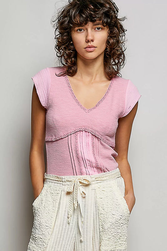 POL V-Neck Lightweight Textured Short Sleeve Knit Top with Lace Trim - Image 1