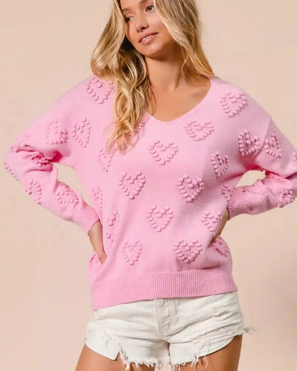 BiBi Valentines Heart Pompom V Neck Knit Top - Sleekdenim.com