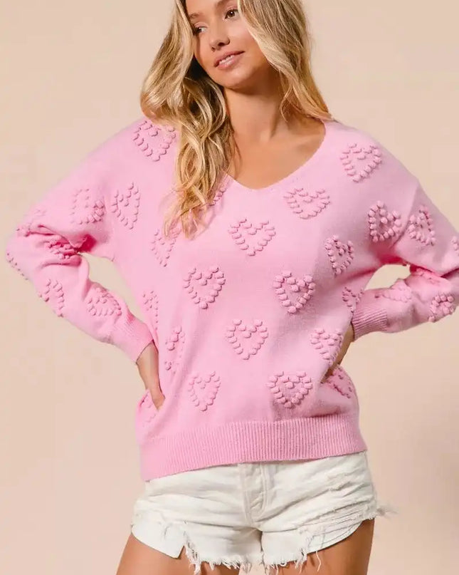 BiBi Valentines Heart Pompom V Neck Knit Top - Sleekdenim.com