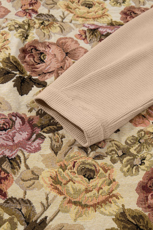 Floral Waffle Knit Patchwork Chest Pocket Buttoned - Sleekdenim.com