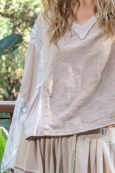 Lace Detail V-Neck Flare Sleeve Blouse