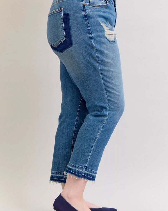 Judy Blue Full Size Mid Rise Bf Patch & Repair Destroy Release Hem Jeans Plus Size - Sleekdenim.com