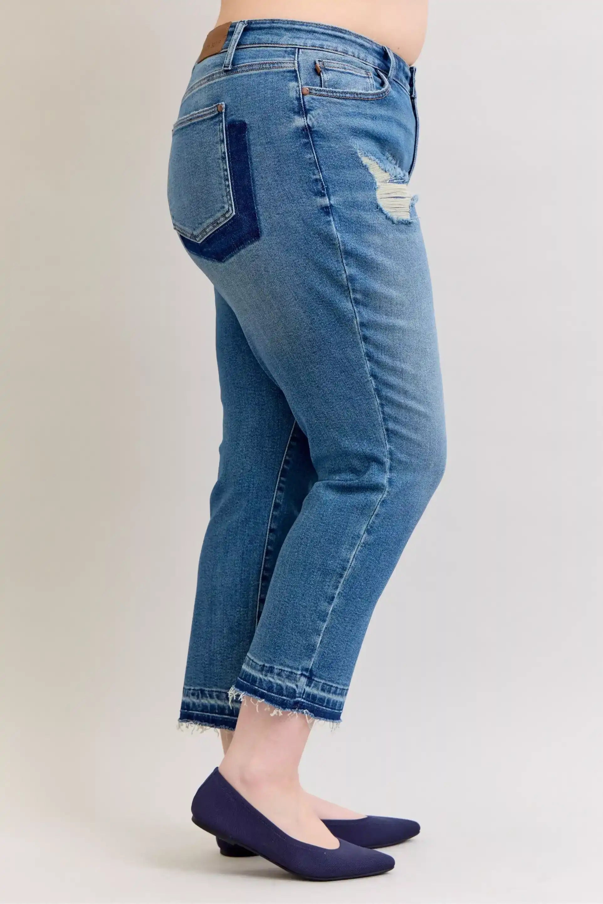 Judy Blue Mid Rise Boyfriend Patch & Repair Destroy Release Hem Jeans 881045 - Sleekdenim.com