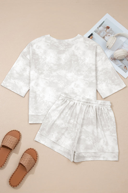 Beige Vintage Tie Dye Bracelet Sleeve Drawstring Elastic Waist 2pcs Short Set - Sleekdenim.com