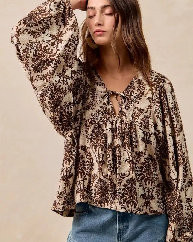 BiBi Printed Woven Front Tied Blouse with Baloon Sleeve - Sleekdenim.com