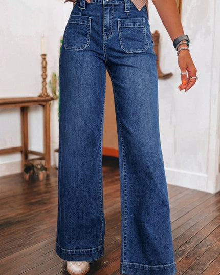 Denim Patch Pocket Wide Leg Jeans - Sleekdenim.com