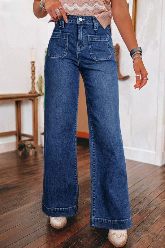 Denim Patch Pocket Wide Leg Jeans - Sleekdenim.com