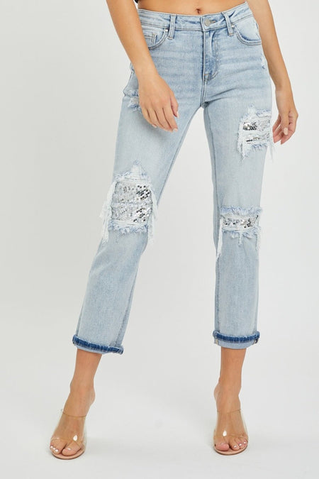 risen mid-rise sequin patched jeans