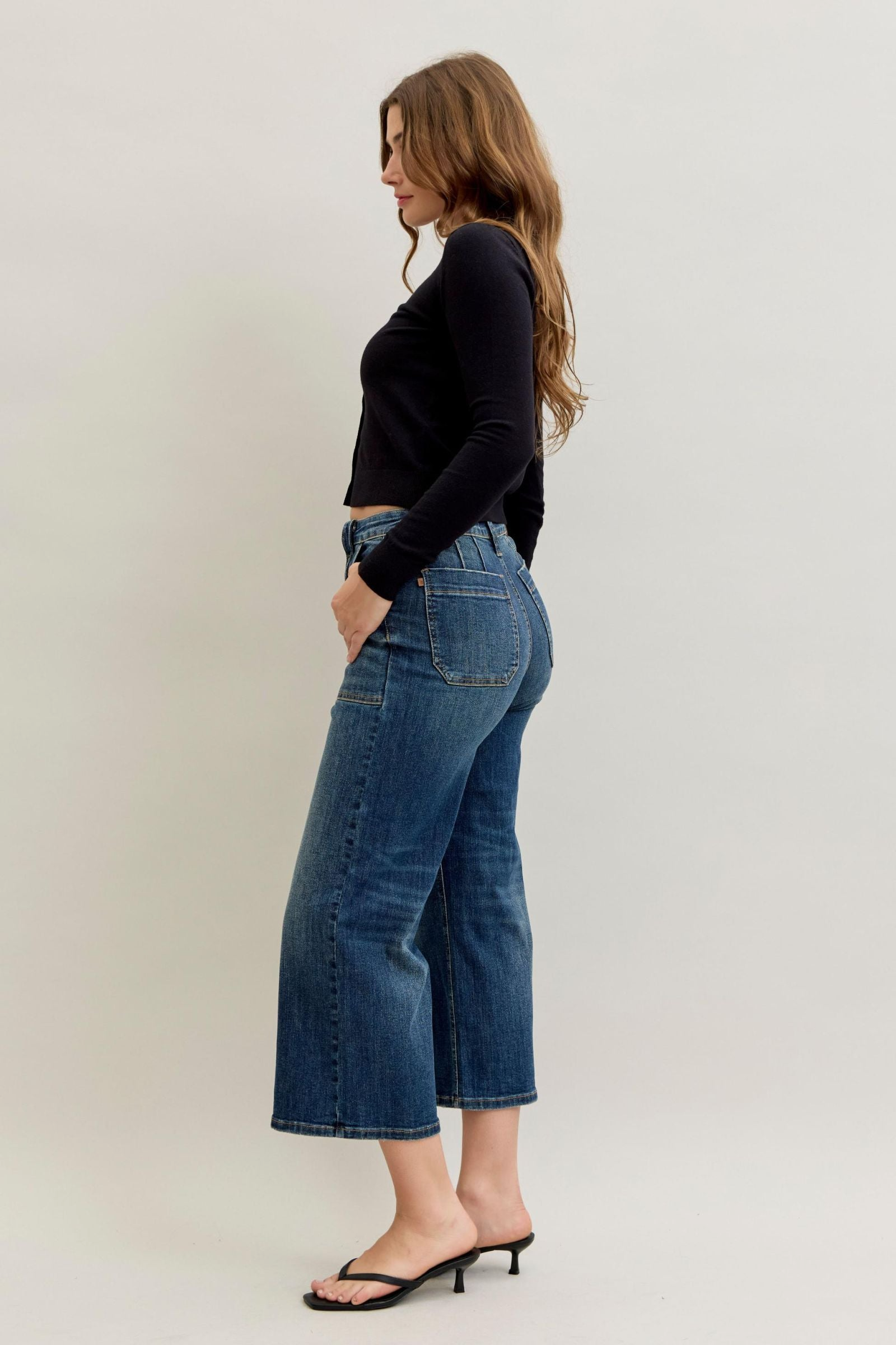 Judy Blue High Waist Wide Crop Utility Jeans with Patch Pocket 881007 - Sleekdenim.com