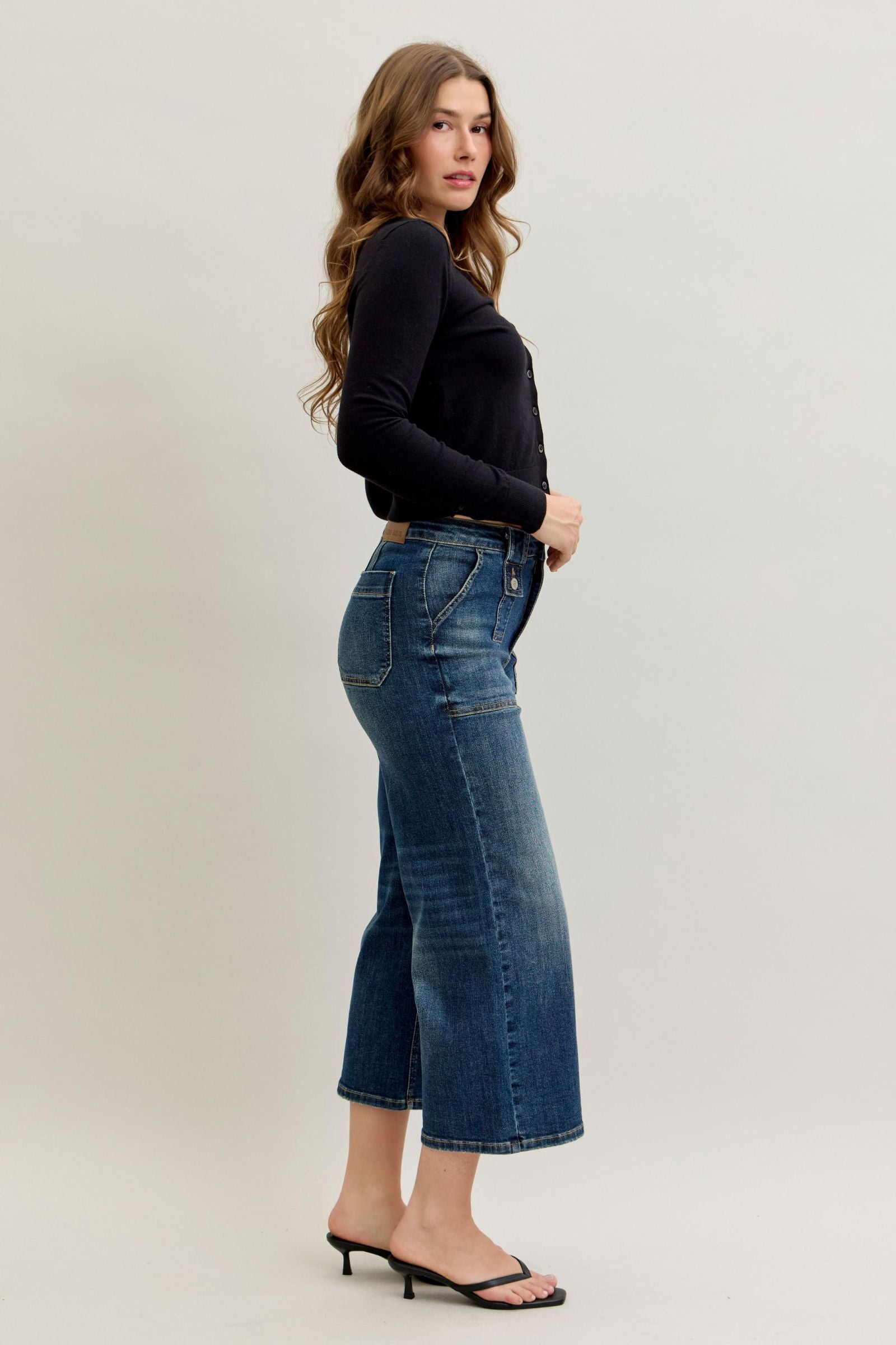 Judy Blue High Waist Wide Crop Utility Jeans with Patch Pocket 881007 - Sleekdenim.com