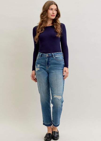 Judy Blue Mid Rise Boyfriend Patch & Repair Destroy Release Hem Jeans 881045